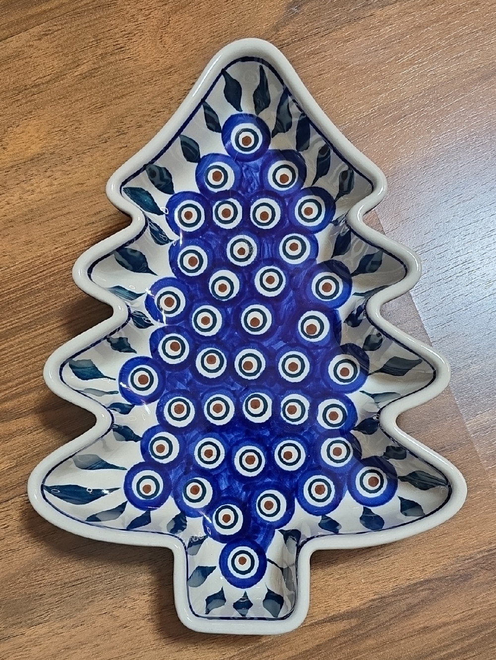 Manufaktura Boleslawiec Polish Pottery 9" Christmas Tree Bowl Peacock Leaves